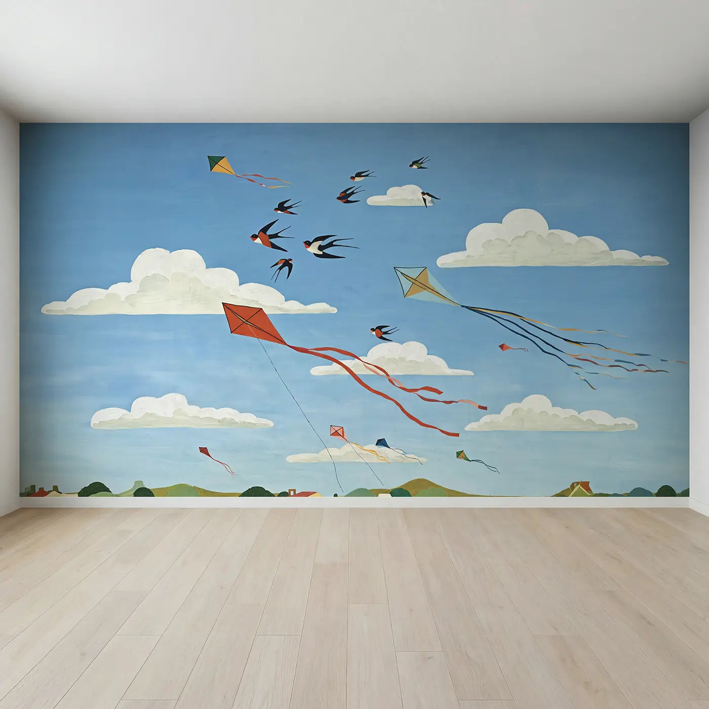 Full view of Kites and Birds Breezy Sky Wallpaper Mural by Whimsy Tots