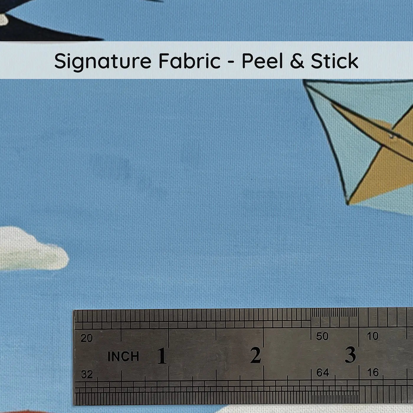 Fabric texture close-up of Kites and Birds Breezy Sky Wallpaper Mural by Whimsy Tots