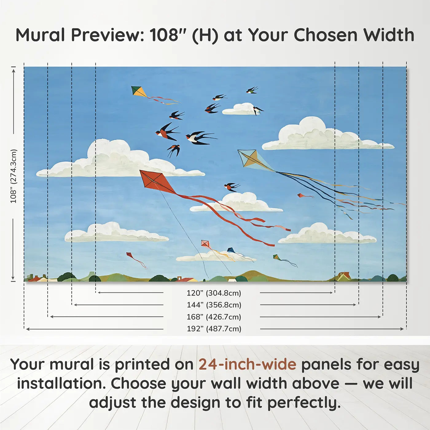 Panel layout and dimensions for Kites and Birds Breezy Sky Wallpaper Mural by Whimsy Tots