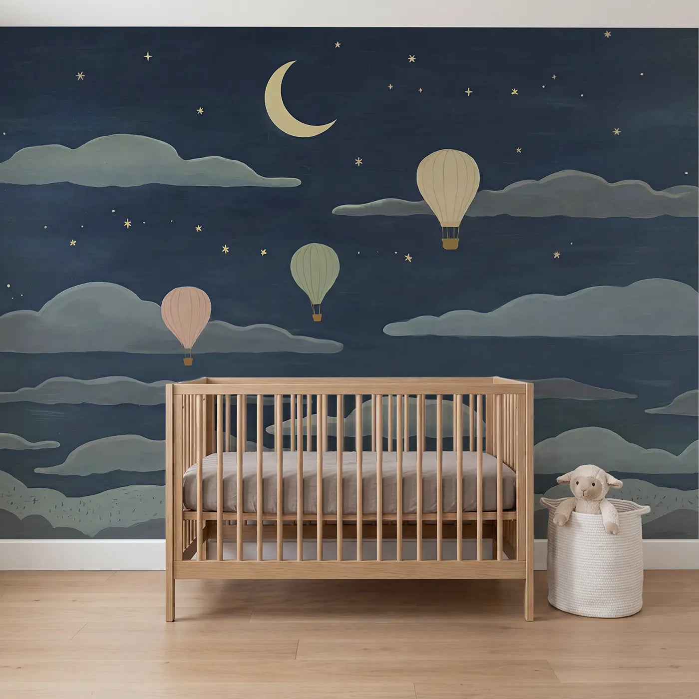 Modern illustration hot air balloon and cloud sky wallpaper mural for nursery by Whimsy Tots