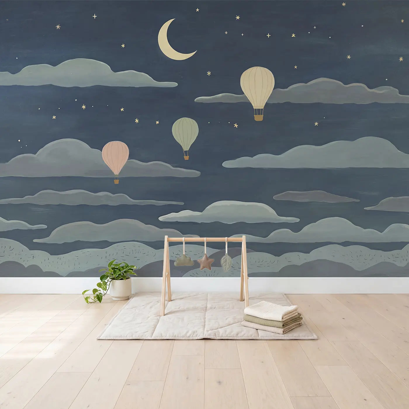 Midnight Cloud Balloon Wallpaper Mural in playroom setting by Whimsy Tots
