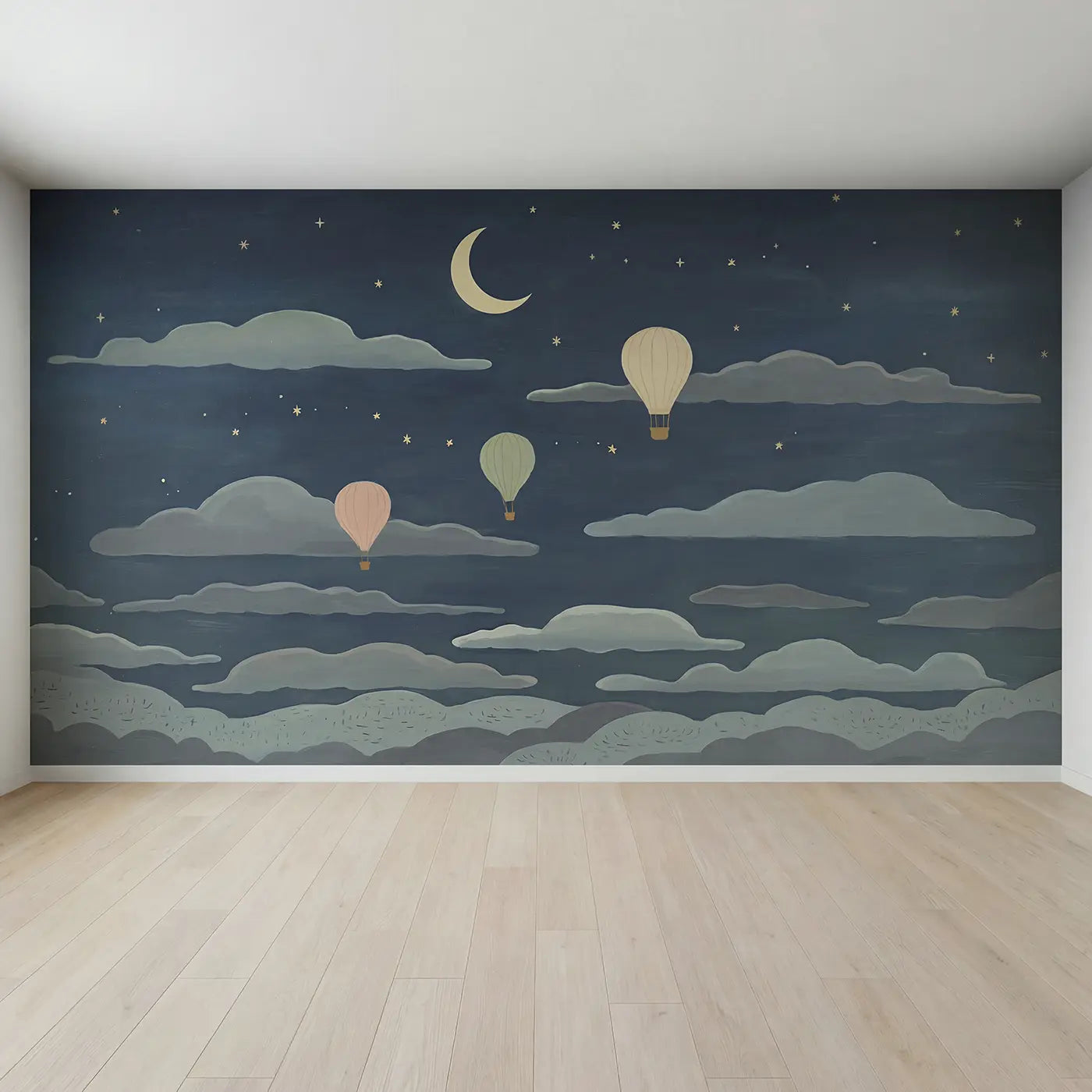 Full view of Midnight Cloud Balloon Wallpaper Mural by Whimsy Tots