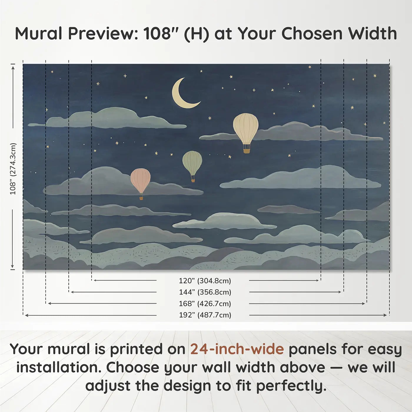 Panel layout and dimensions for Midnight Cloud Balloon Wallpaper Mural by Whimsy Tots