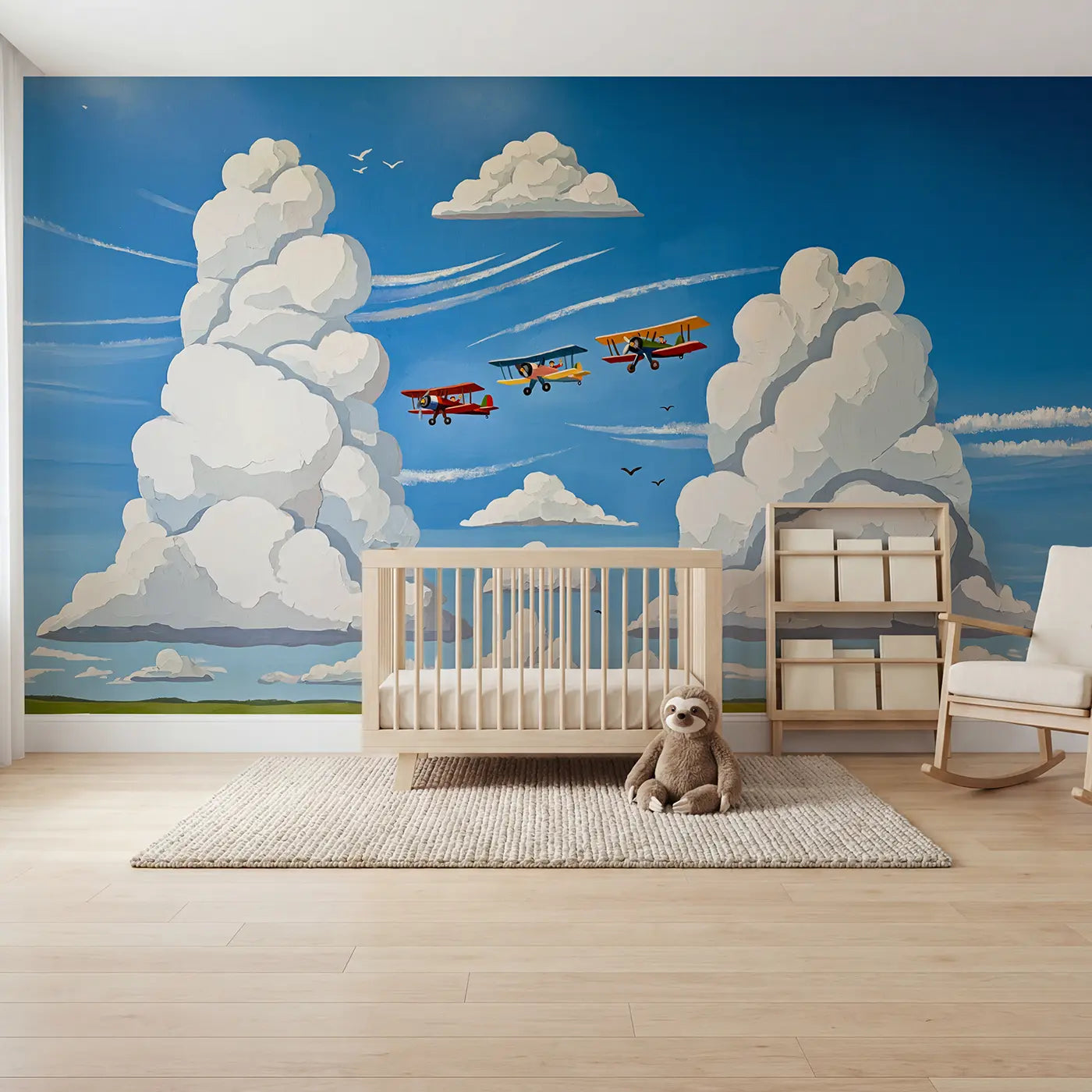 Gouache illustration biplane and cloud wallpaper mural for nursery by Whimsy Tots