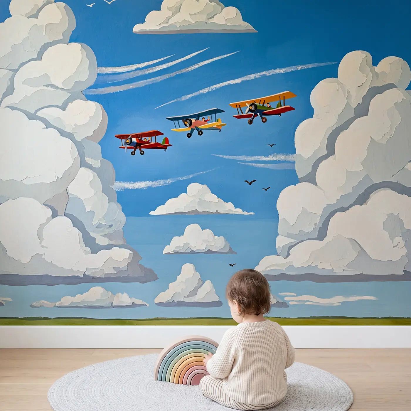 Child in nursery with Biplane Cloud Formation Flight Wallpaper Mural by Whimsy Tots