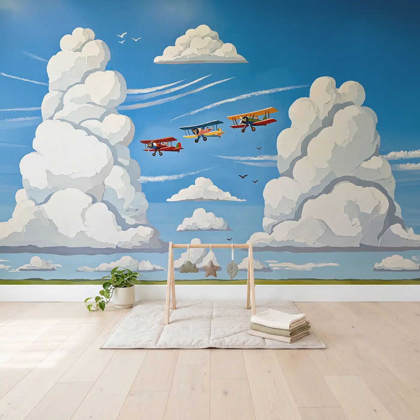 Biplane Cloud Formation Flight Wallpaper Mural in playroom setting by Whimsy Tots