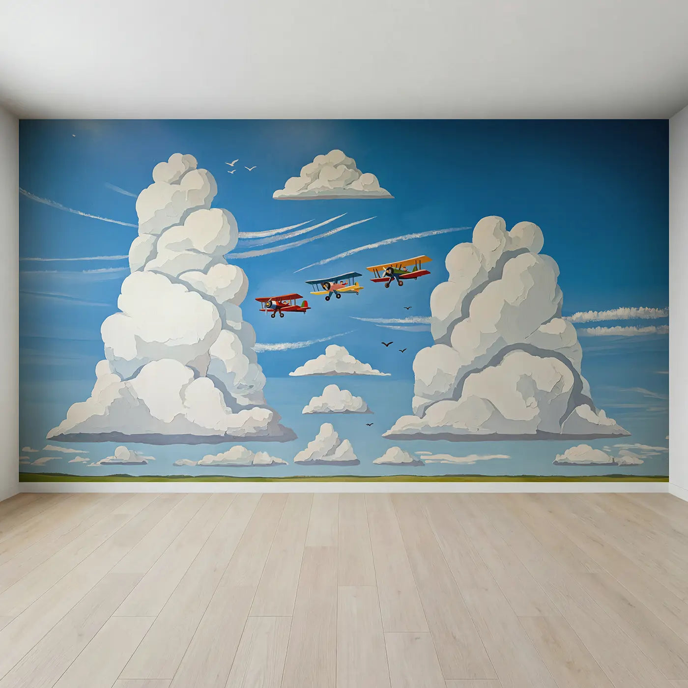 Full view of Biplane Cloud Formation Flight Wallpaper Mural by Whimsy Tots
