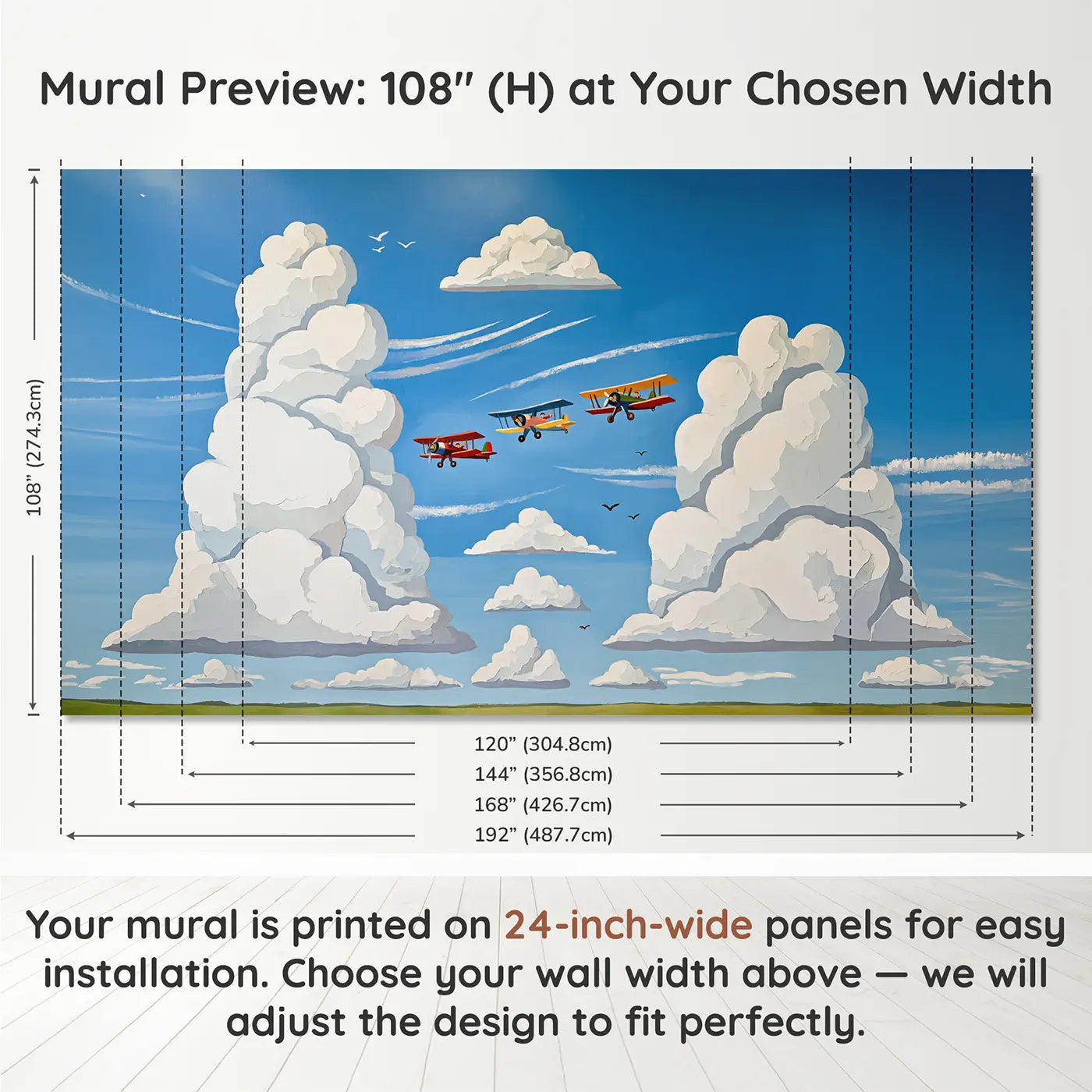 Panel layout and dimensions for Biplane Cloud Formation Flight Wallpaper Mural by Whimsy Tots