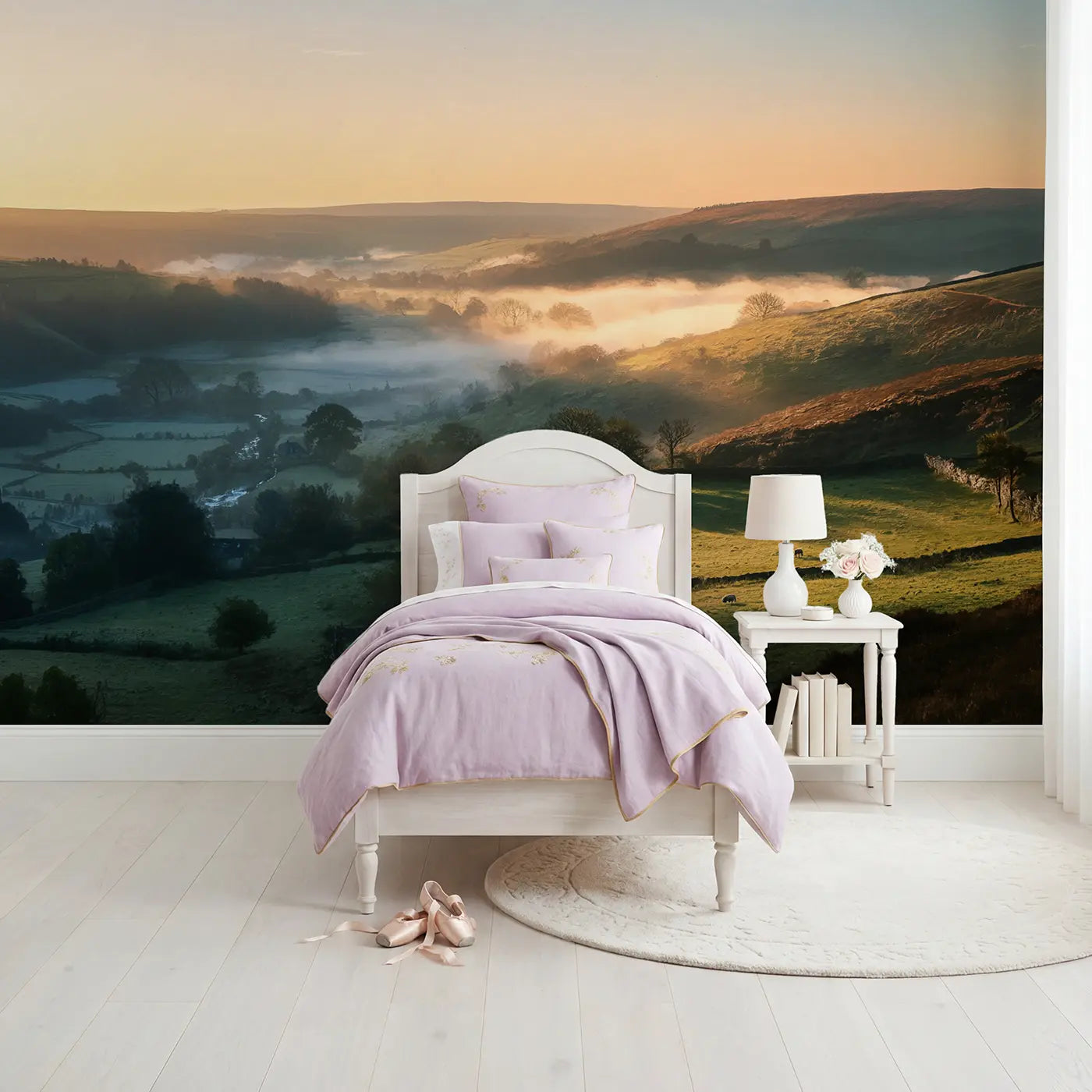 Soft pastel sunrise mist over hills morning meadow wallpaper mural for girls room by Whimsy Tots