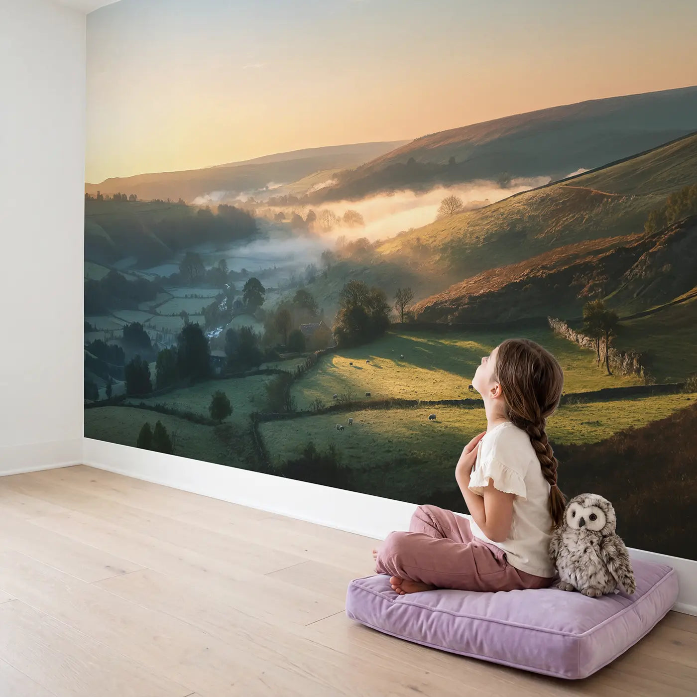 Child in nursery with Morning Mist Sunrise Reveal Wallpaper Mural by Whimsy Tots
