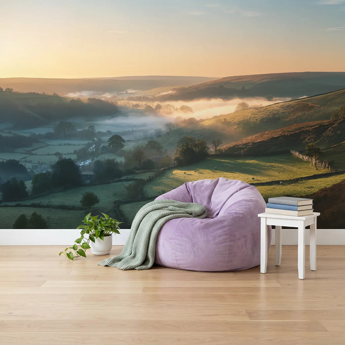 Morning Mist Sunrise Reveal Wallpaper Mural in playroom setting by Whimsy Tots
