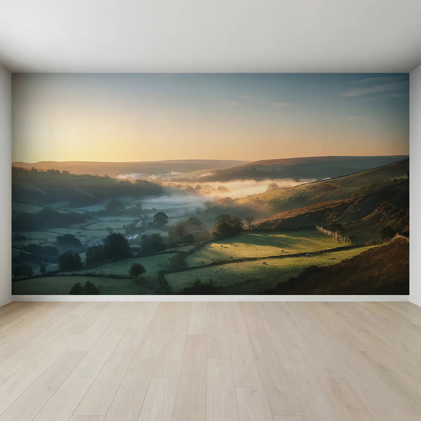 Full view of Morning Mist Sunrise Reveal Wallpaper Mural by Whimsy Tots