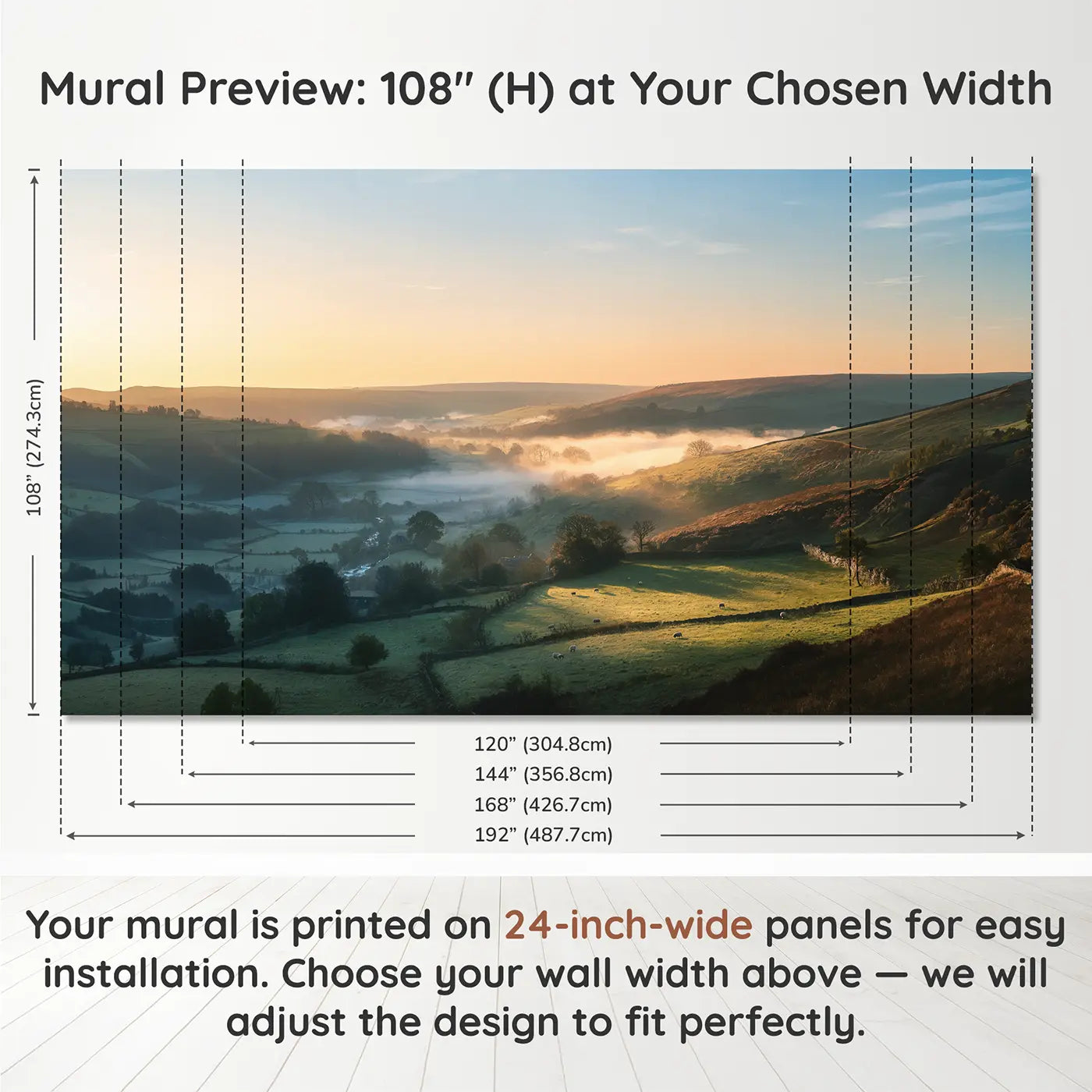 Panel layout and dimensions for Morning Mist Sunrise Reveal Wallpaper Mural by Whimsy Tots