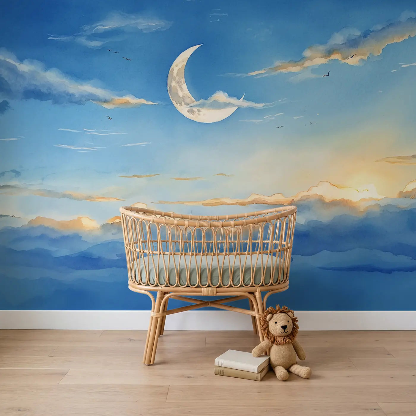Watercolor daytime crescent moon sky clouds wallpaper mural for boys room by Whimsy Tots