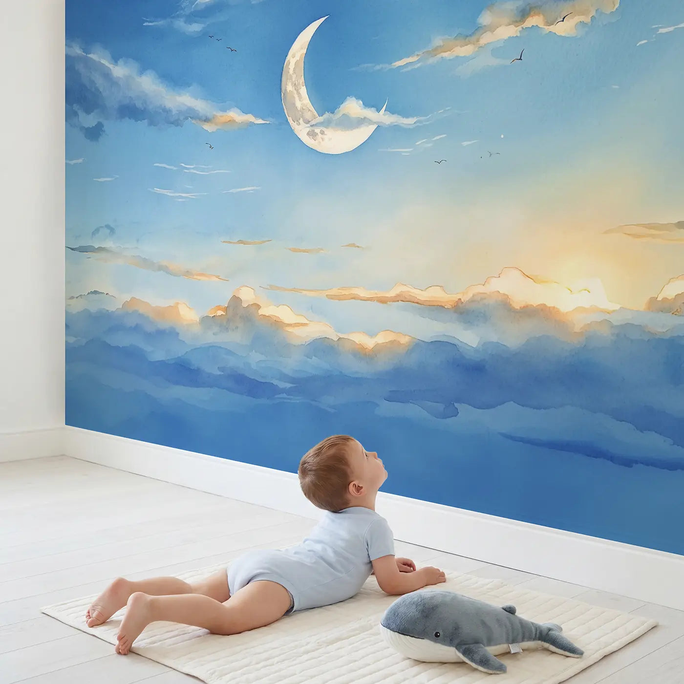 Child in nursery with Daytime Crescent Moon Sky Wallpaper Mural by Whimsy Tots