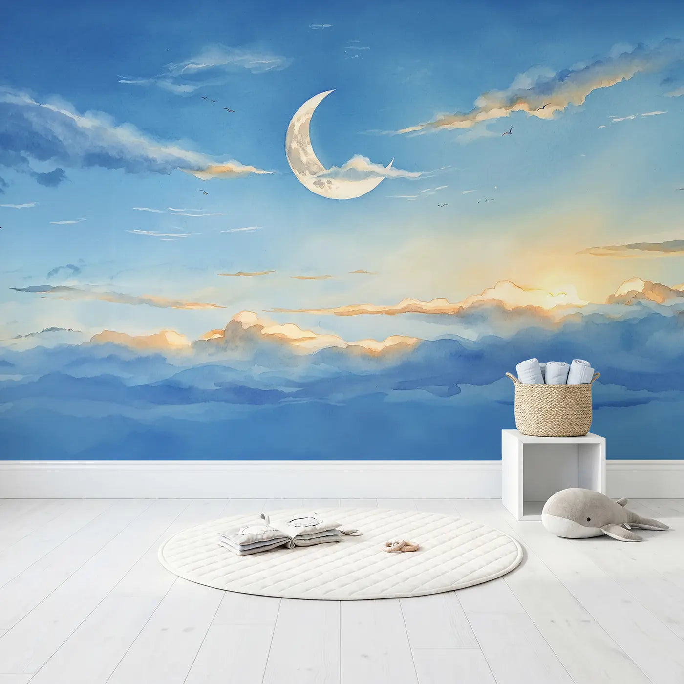 Daytime Crescent Moon Sky Wallpaper Mural in playroom setting by Whimsy Tots