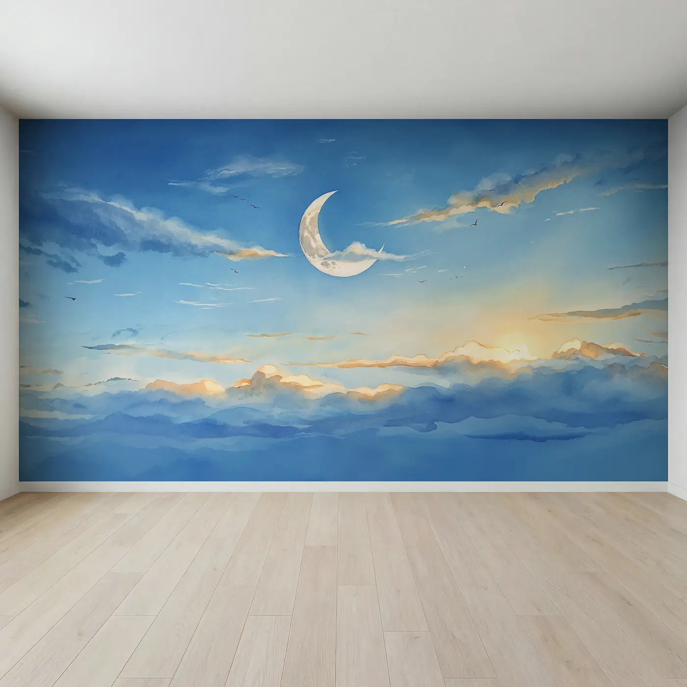 Full view of Daytime Crescent Moon Sky Wallpaper Mural by Whimsy Tots