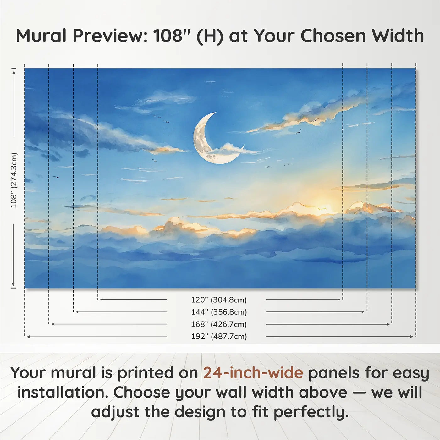 Panel layout and dimensions for Daytime Crescent Moon Sky Wallpaper Mural by Whimsy Tots