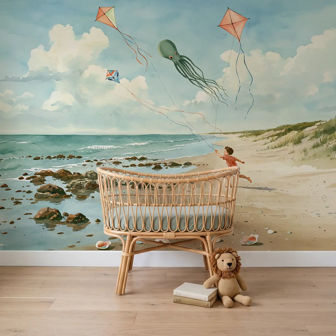Watercolor beach kite runner wallpaper mural for boys room by Whimsy Tots