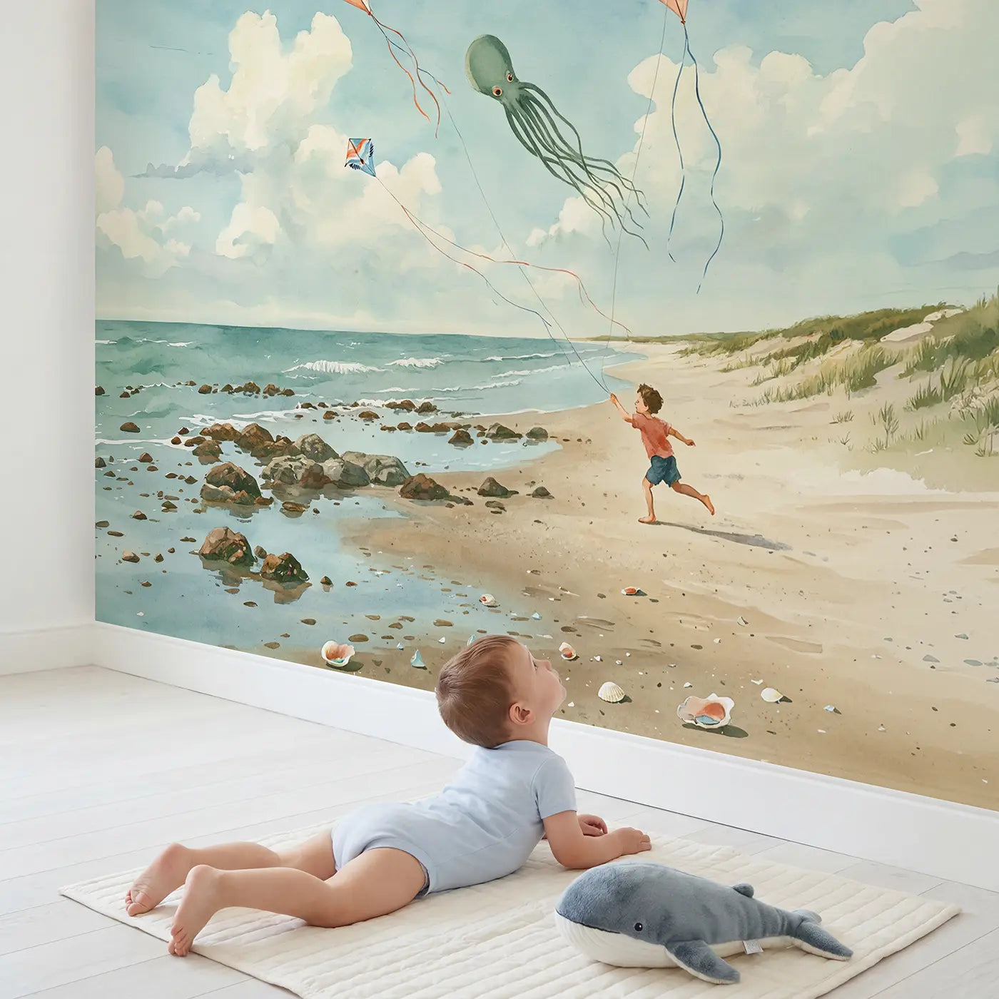 Child in nursery with Beach Kite Runner Wallpaper Mural by Whimsy Tots