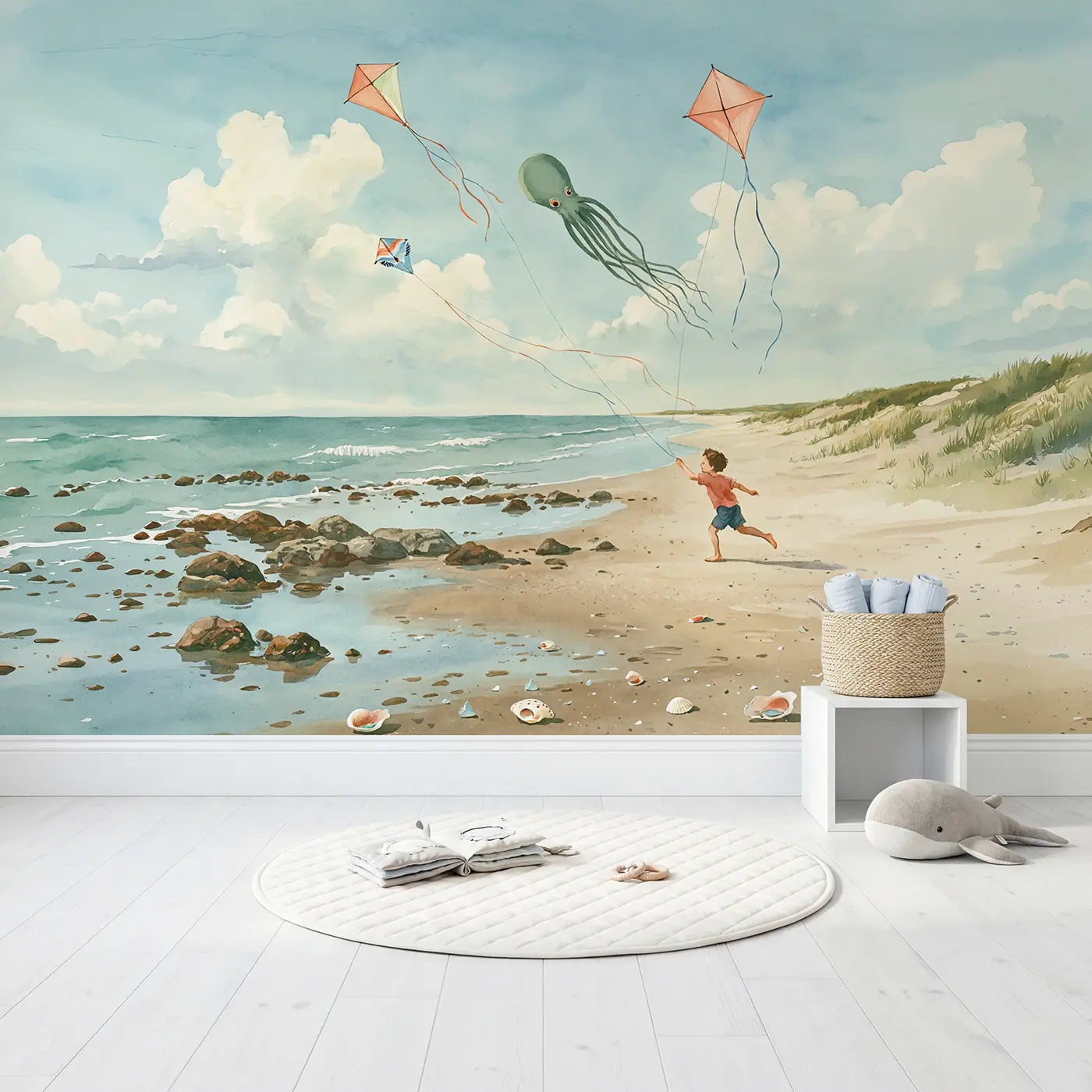 Beach Kite Runner Wallpaper Mural in playroom setting by Whimsy Tots