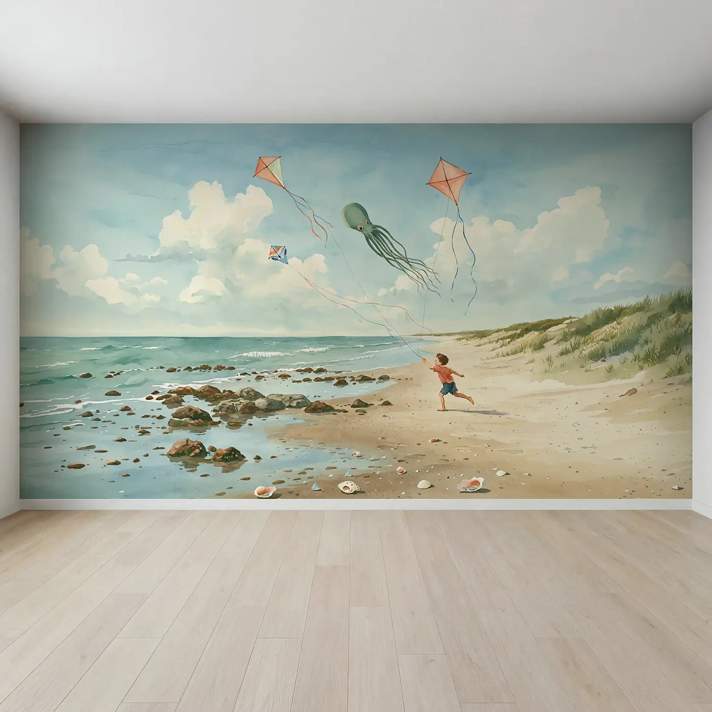 Full view of Beach Kite Runner Wallpaper Mural by Whimsy Tots