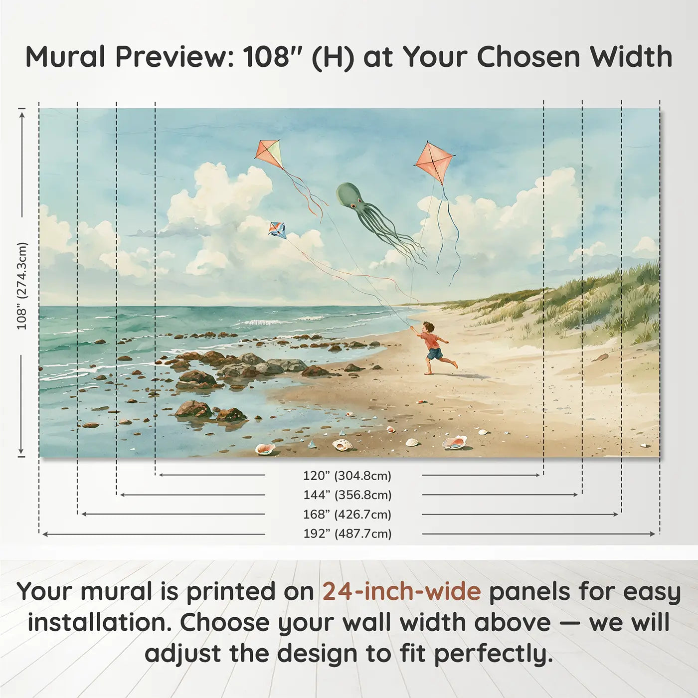 Panel layout and dimensions for Beach Kite Runner Wallpaper Mural by Whimsy Tots