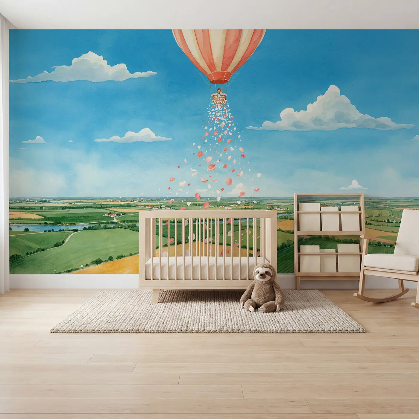 Watercolor petal rain hot air balloon sunrise wallpaper mural for kids room by Whimsy Tots
