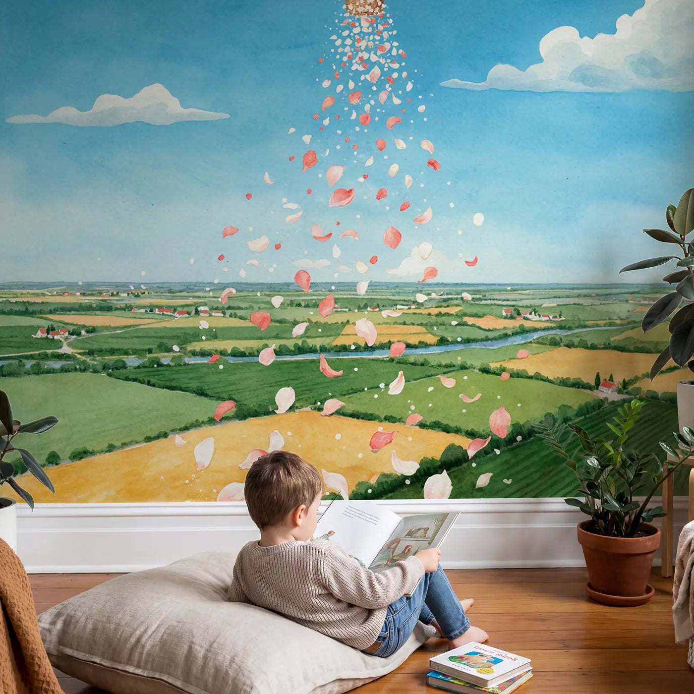 Child in nursery with Petal Rain Balloon Flight Wallpaper Mural by Whimsy Tots