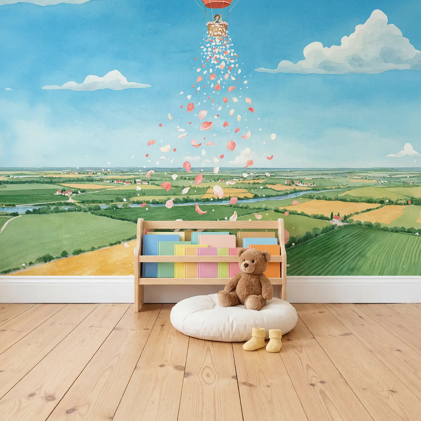 Petal Rain Balloon Flight Wallpaper Mural in playroom setting by Whimsy Tots