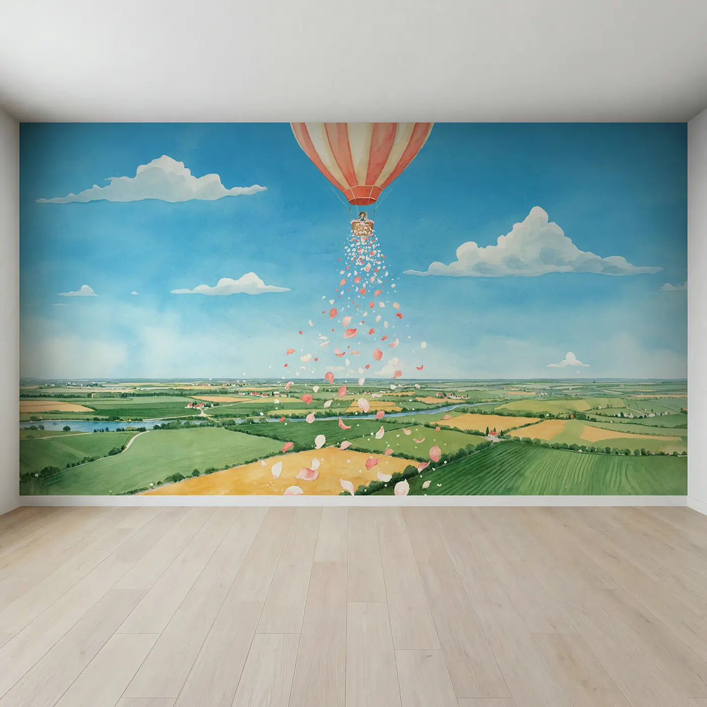 Full view of Petal Rain Balloon Flight Wallpaper Mural by Whimsy Tots