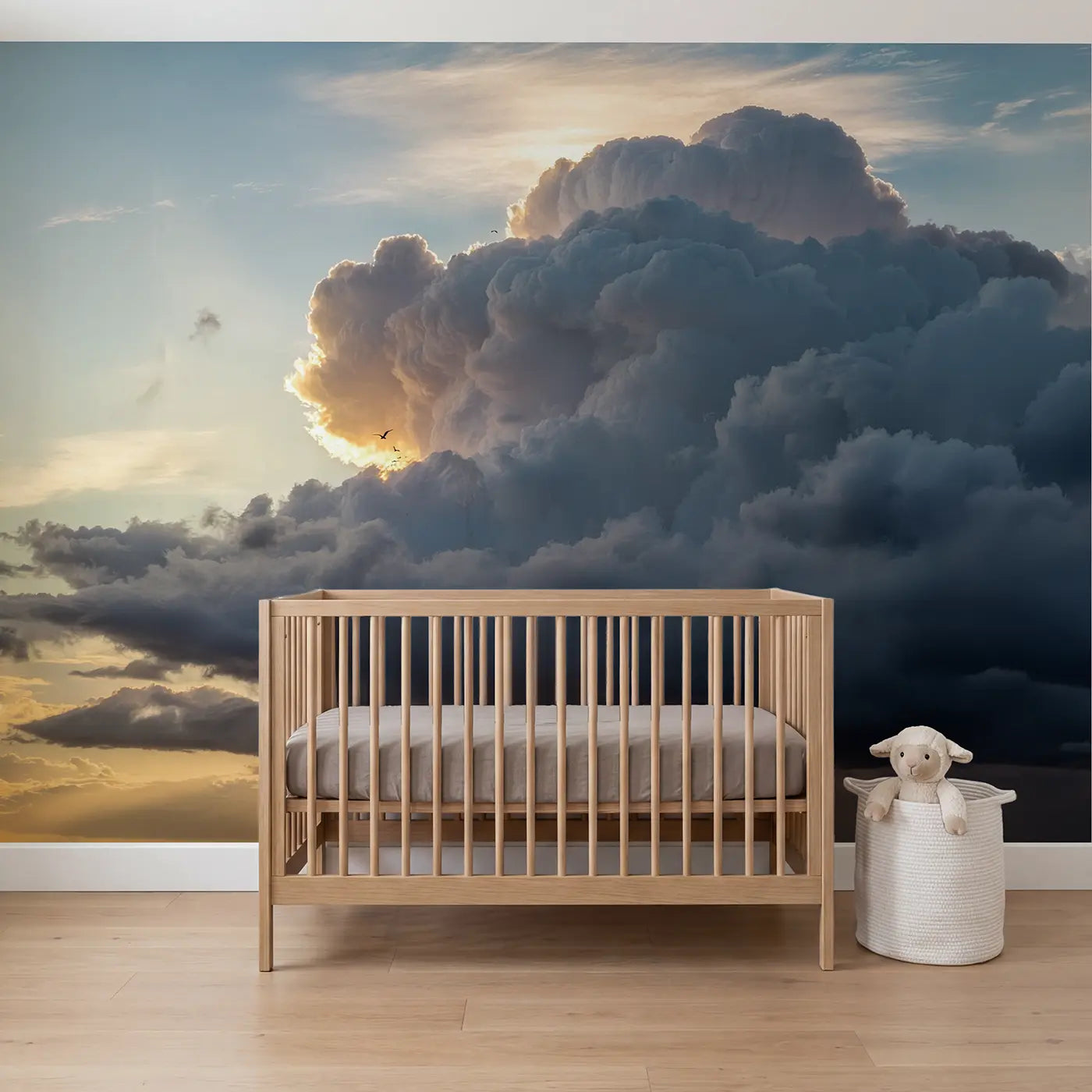 Soft pastel silver lining storm cloud rainbow wallpaper mural for nursery by Whimsy Tots