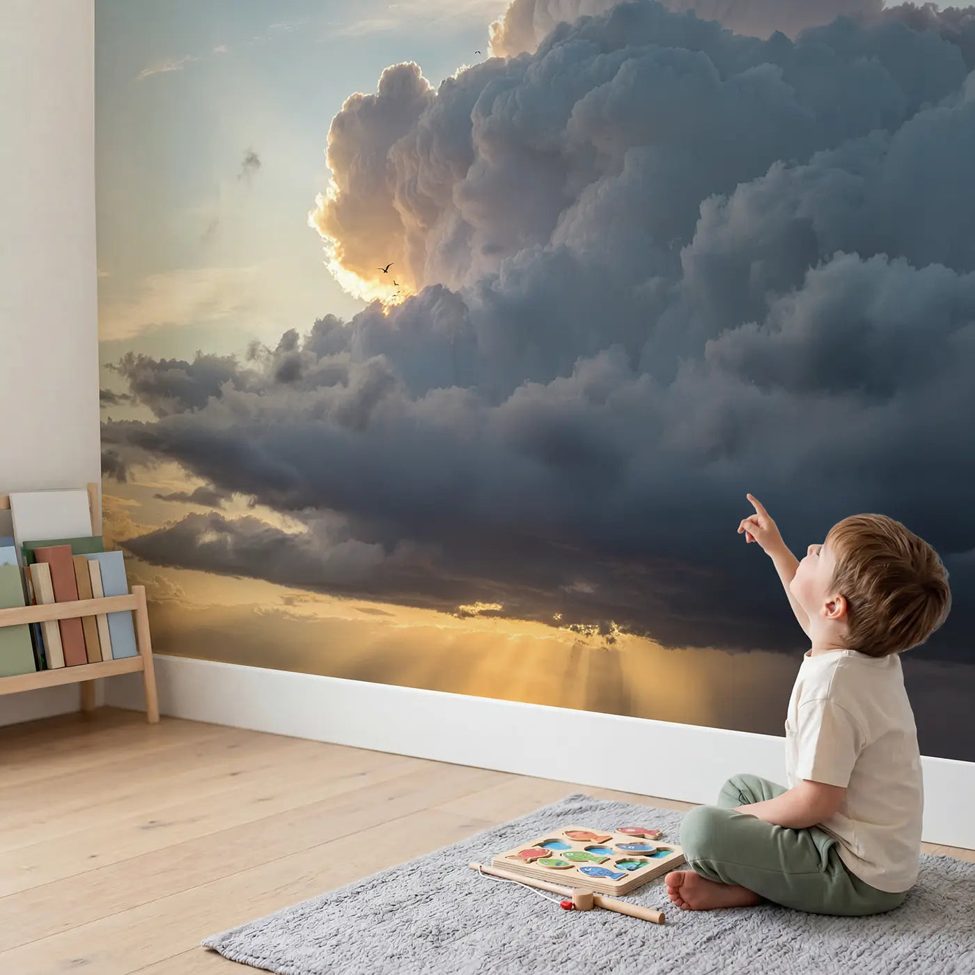 Child in nursery with Silver Lining Storm Cloud Wallpaper Mural by Whimsy Tots