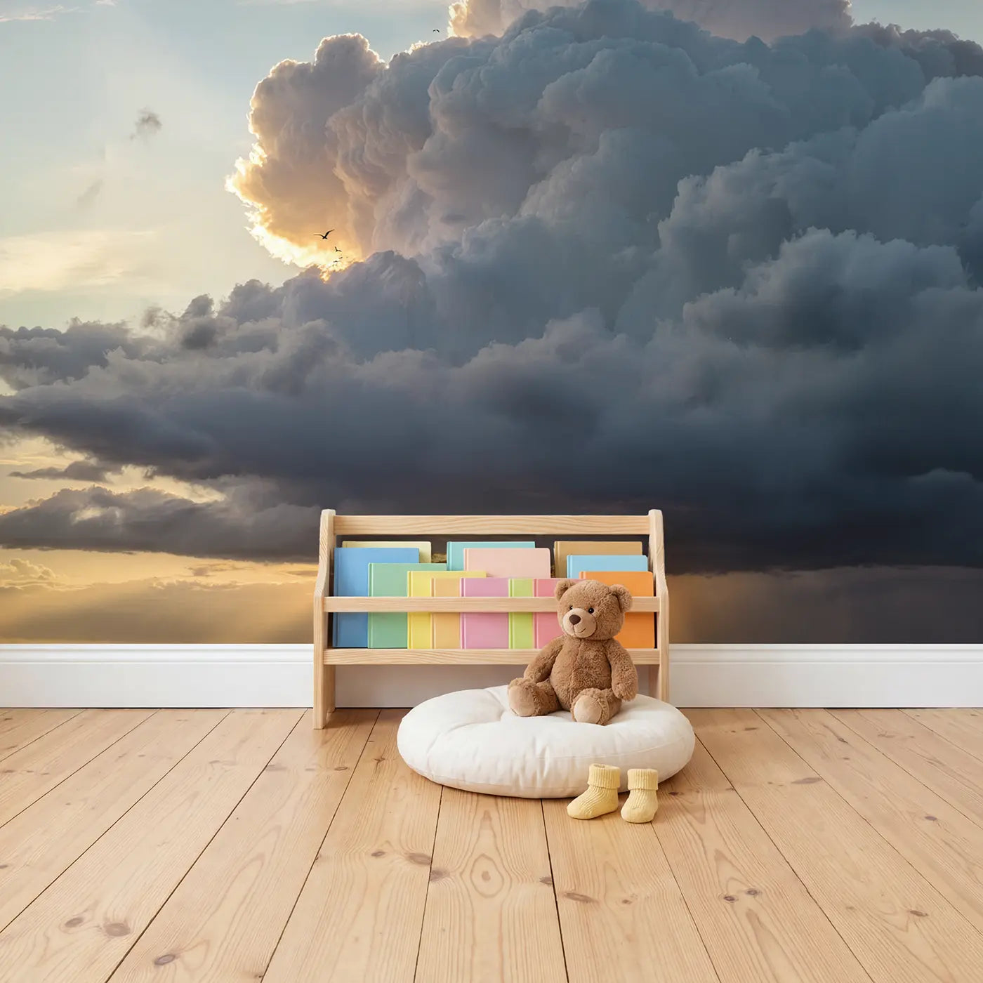 Silver Lining Storm Cloud Wallpaper Mural in playroom setting by Whimsy Tots