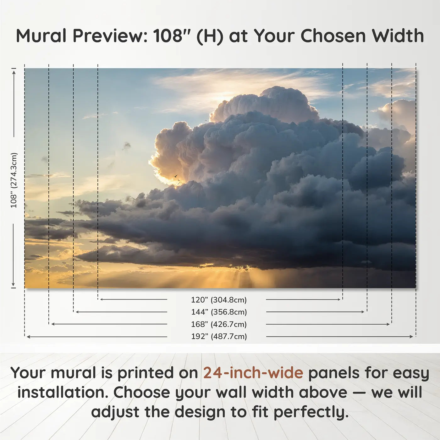 Panel layout and dimensions for Silver Lining Storm Cloud Wallpaper Mural by Whimsy Tots