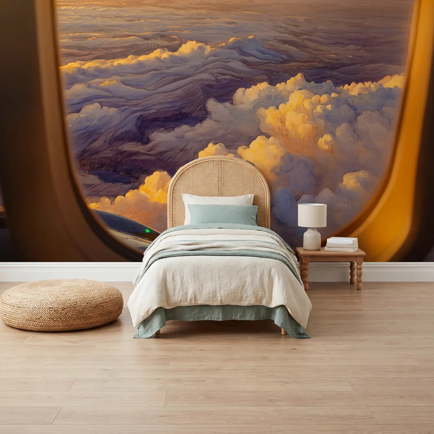 Storybook cloud and sun wallpaper mural for kids room by Whimsy Tots