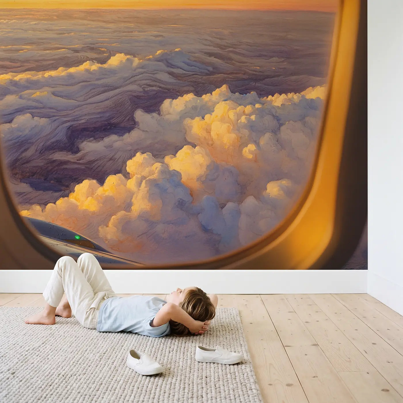 Child in nursery with Golden Hour Clouds Airplane View Wallpaper Mural by Whimsy Tots