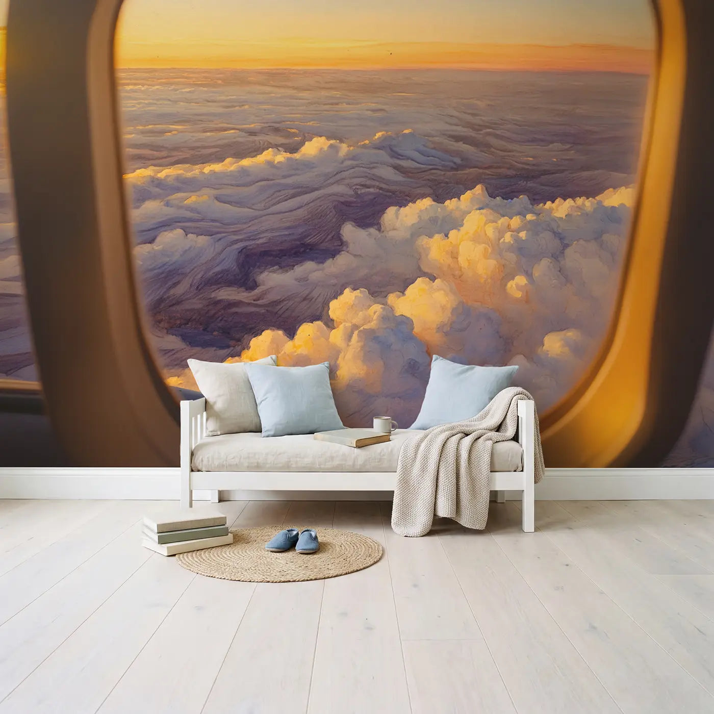Golden Hour Clouds Airplane View Wallpaper Mural in playroom setting by Whimsy Tots