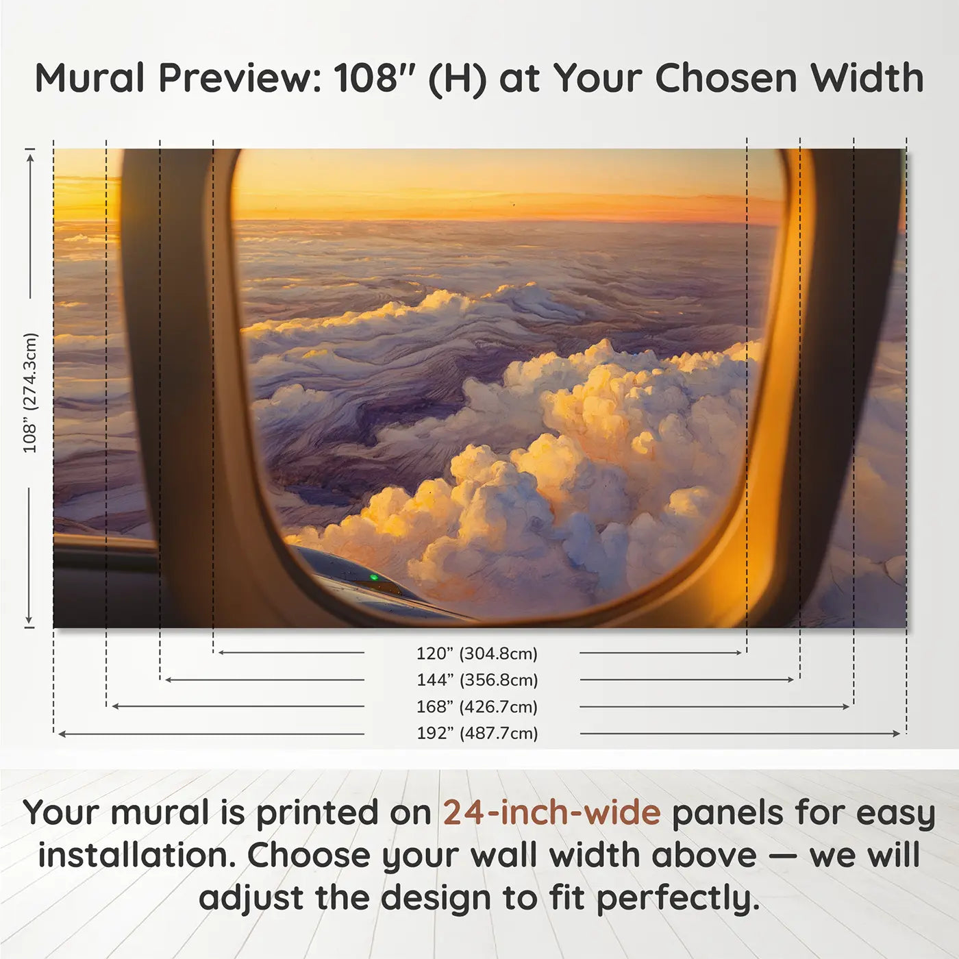 Panel layout and dimensions for Golden Hour Clouds Airplane View Wallpaper Mural by Whimsy Tots