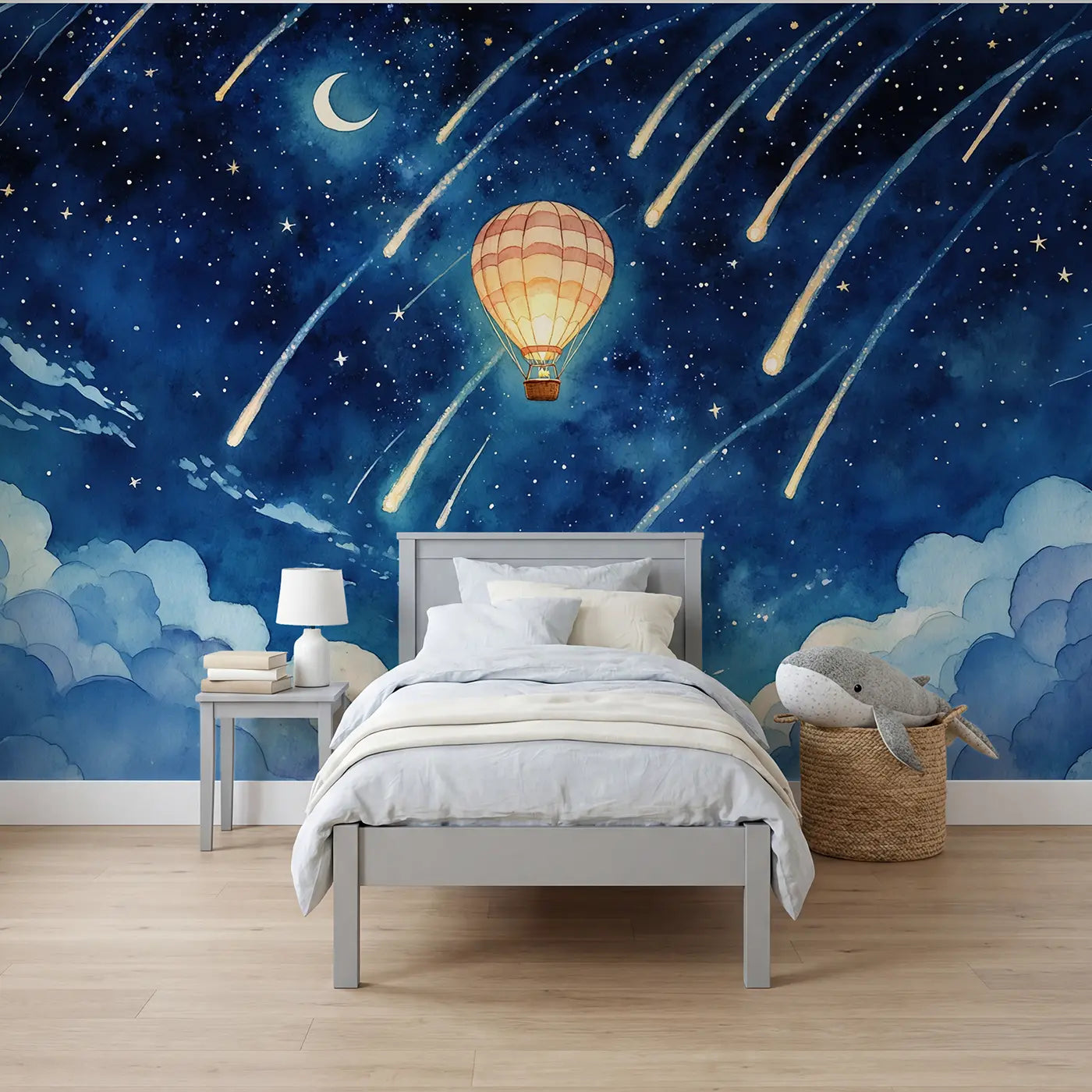 Watercolor hot air balloon starfall night sky wallpaper mural for boys room by Whimsy Tots