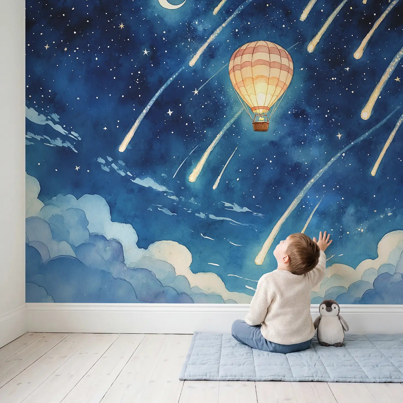 Child in nursery with Starfall Balloon Night Wallpaper Mural by Whimsy Tots