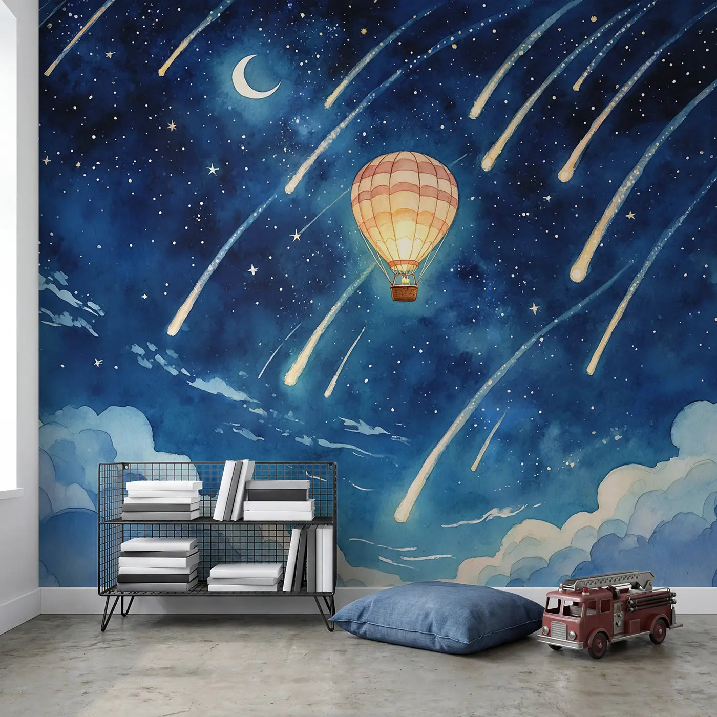 Starfall Balloon Night Wallpaper Mural in playroom setting by Whimsy Tots