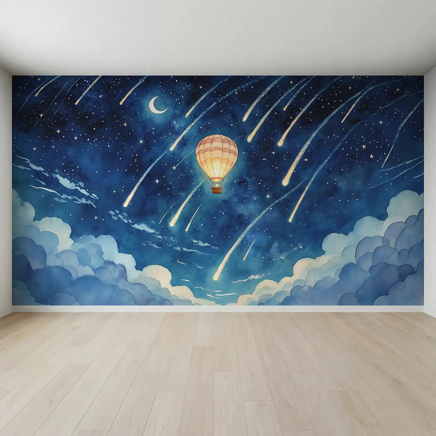 Full view of Starfall Balloon Night Wallpaper Mural by Whimsy Tots