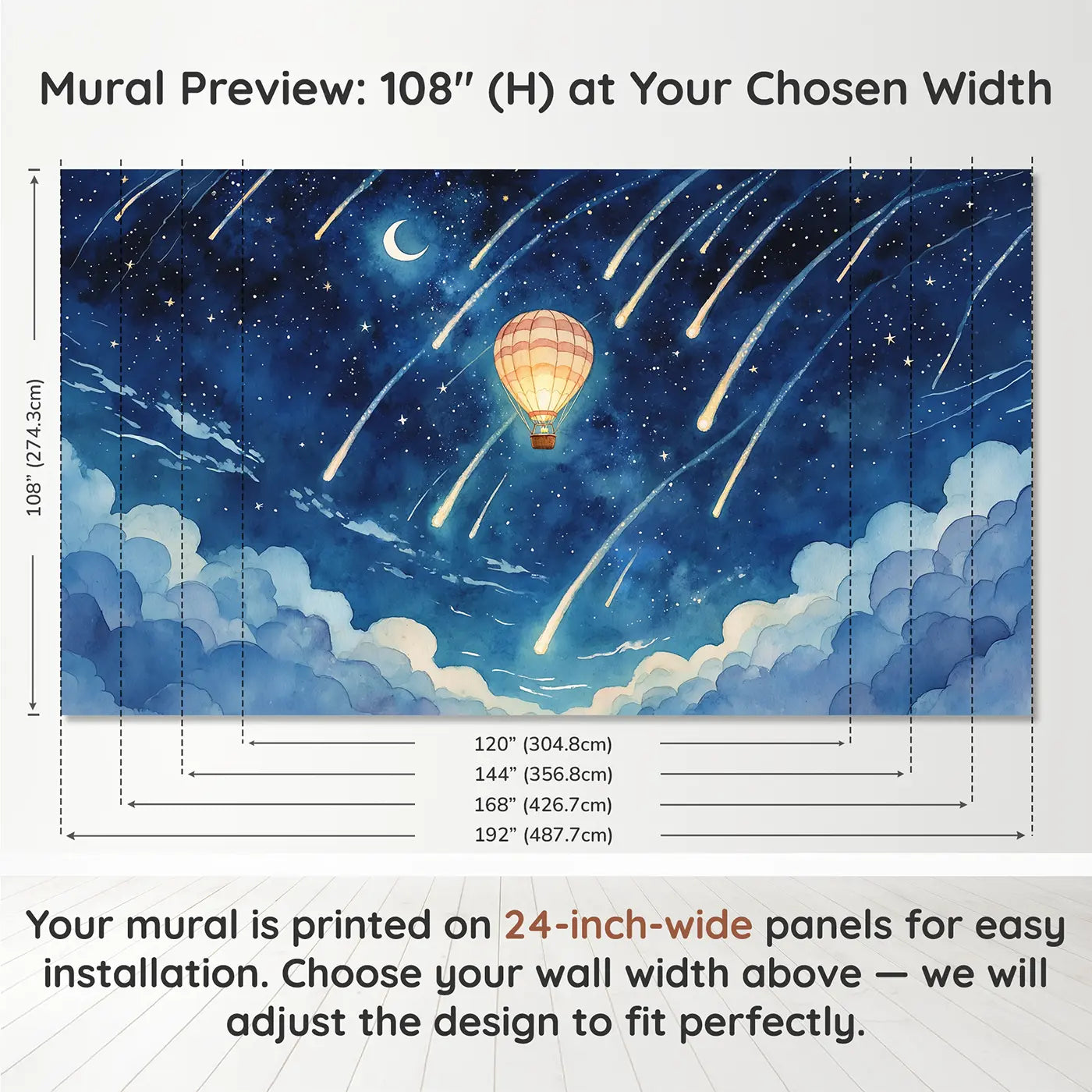 Panel layout and dimensions for Starfall Balloon Night Wallpaper Mural by Whimsy Tots