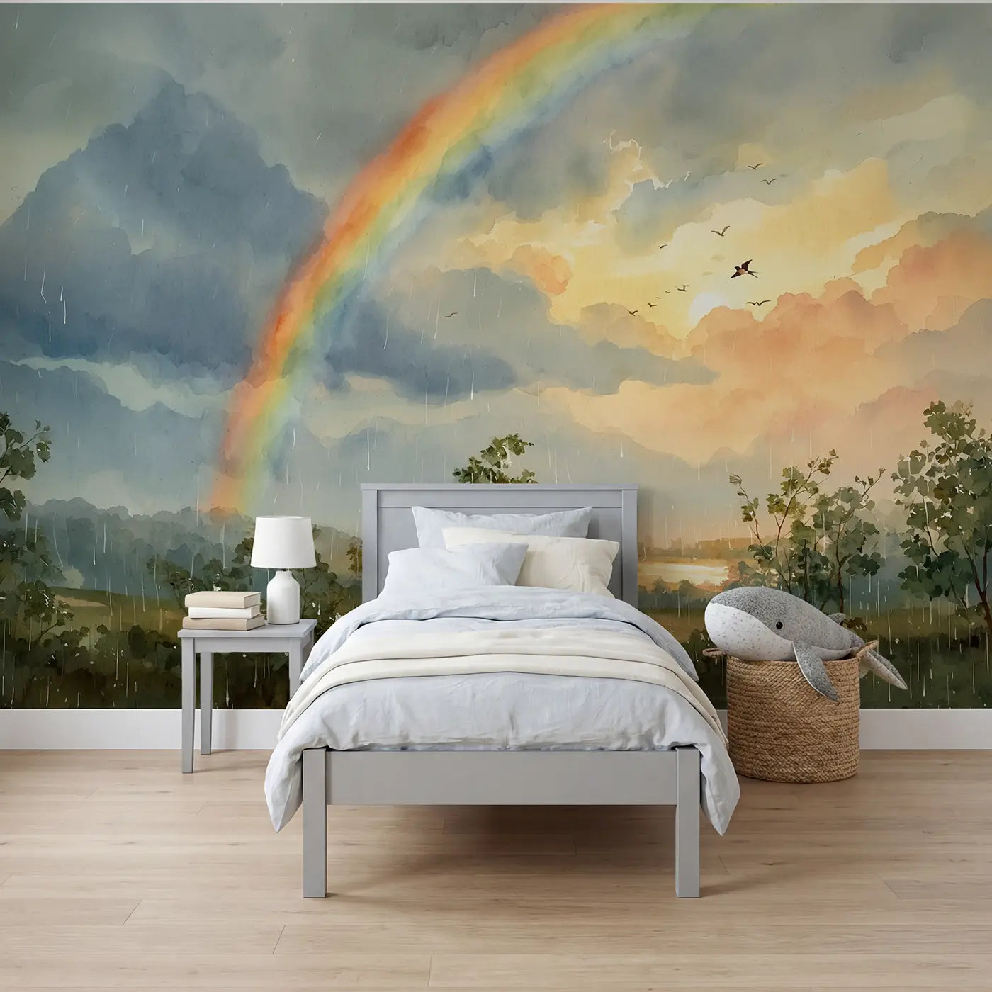 Watercolor rainbow meadow sunrise wallpaper mural for boys room by Whimsy Tots