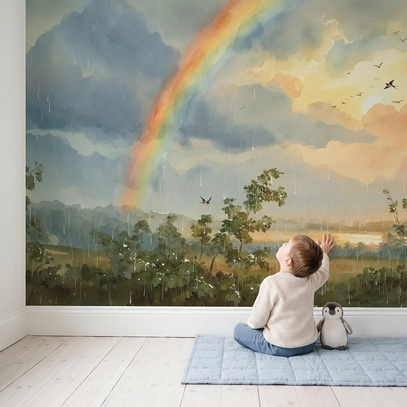 Child in nursery with Rainbow After Rain Wallpaper Mural by Whimsy Tots