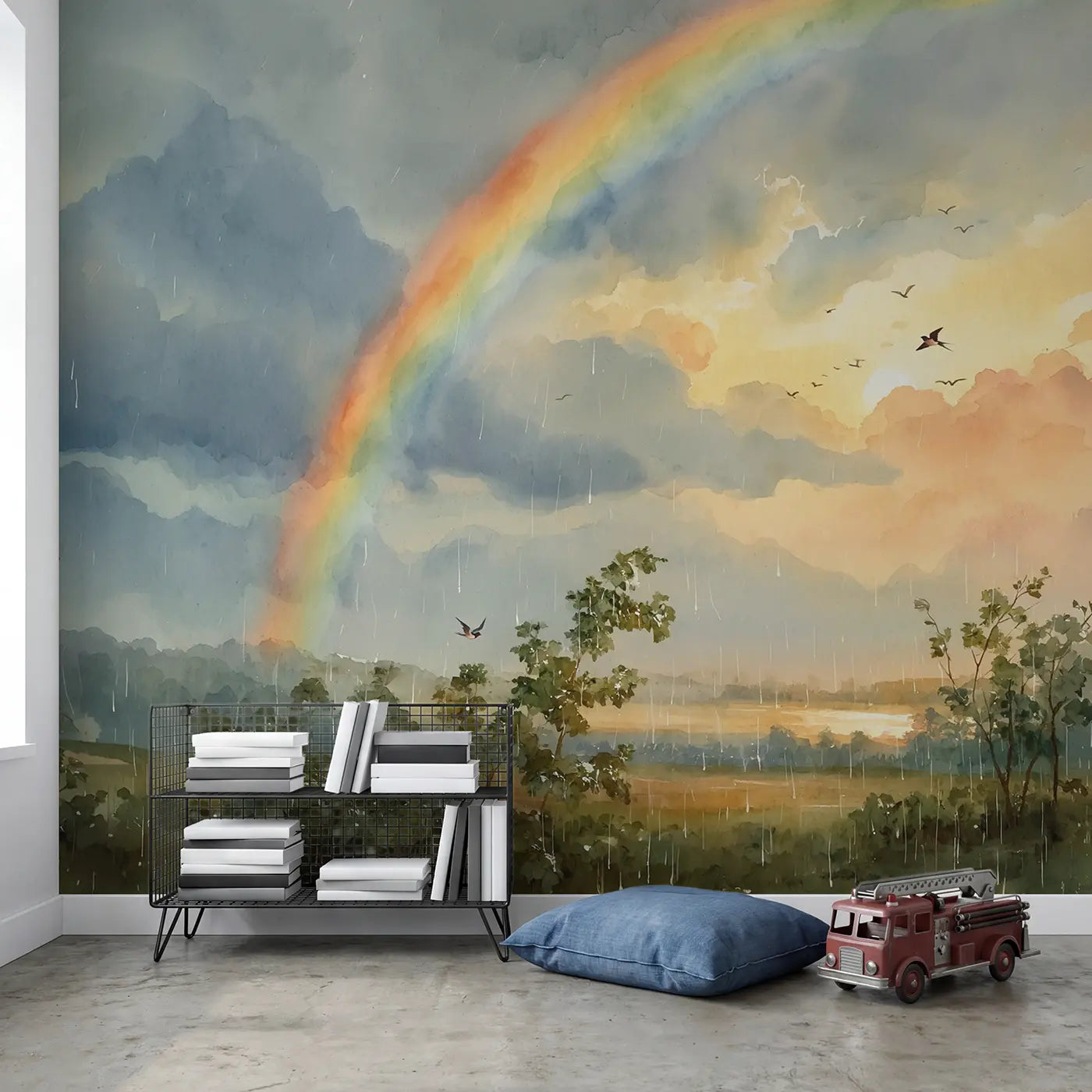 Rainbow After Rain Wallpaper Mural in playroom setting by Whimsy Tots