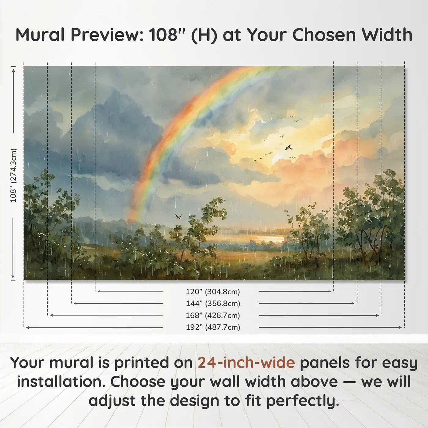 Panel layout and dimensions for Rainbow After Rain Wallpaper Mural by Whimsy Tots