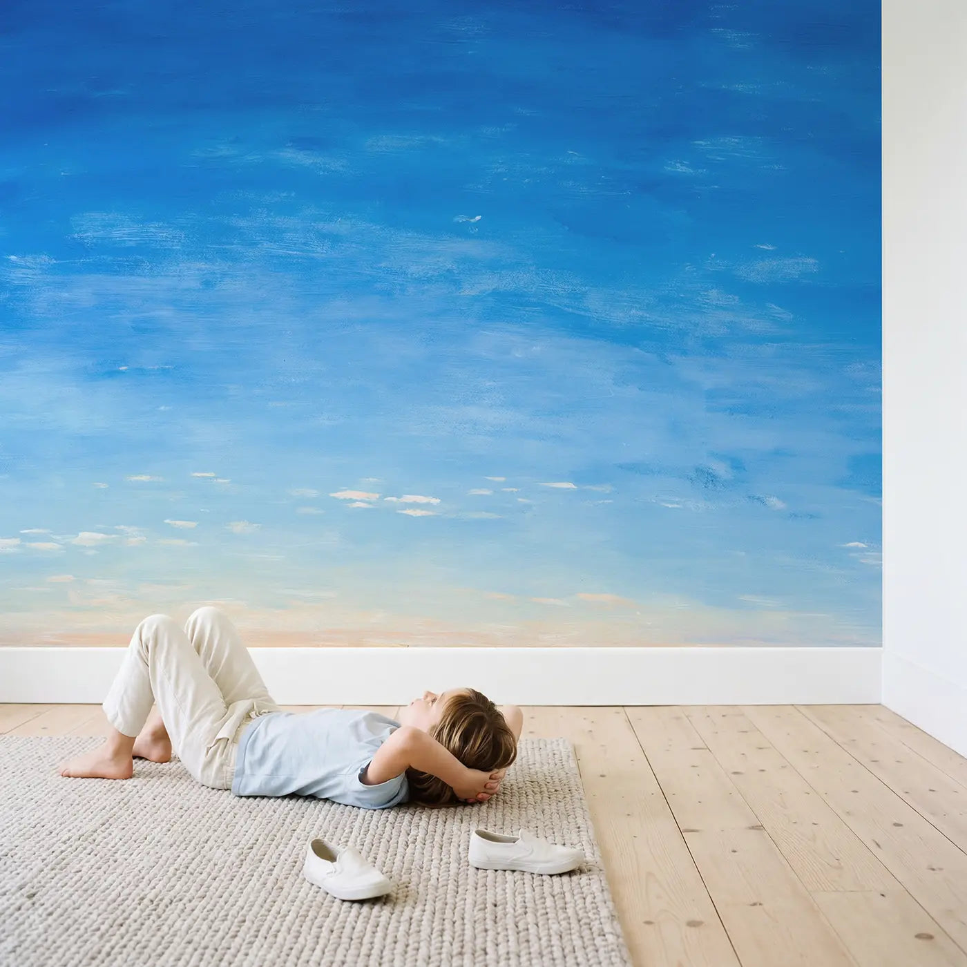 Child in nursery with Pure Sky Gradient Wallpaper Mural by Whimsy Tots