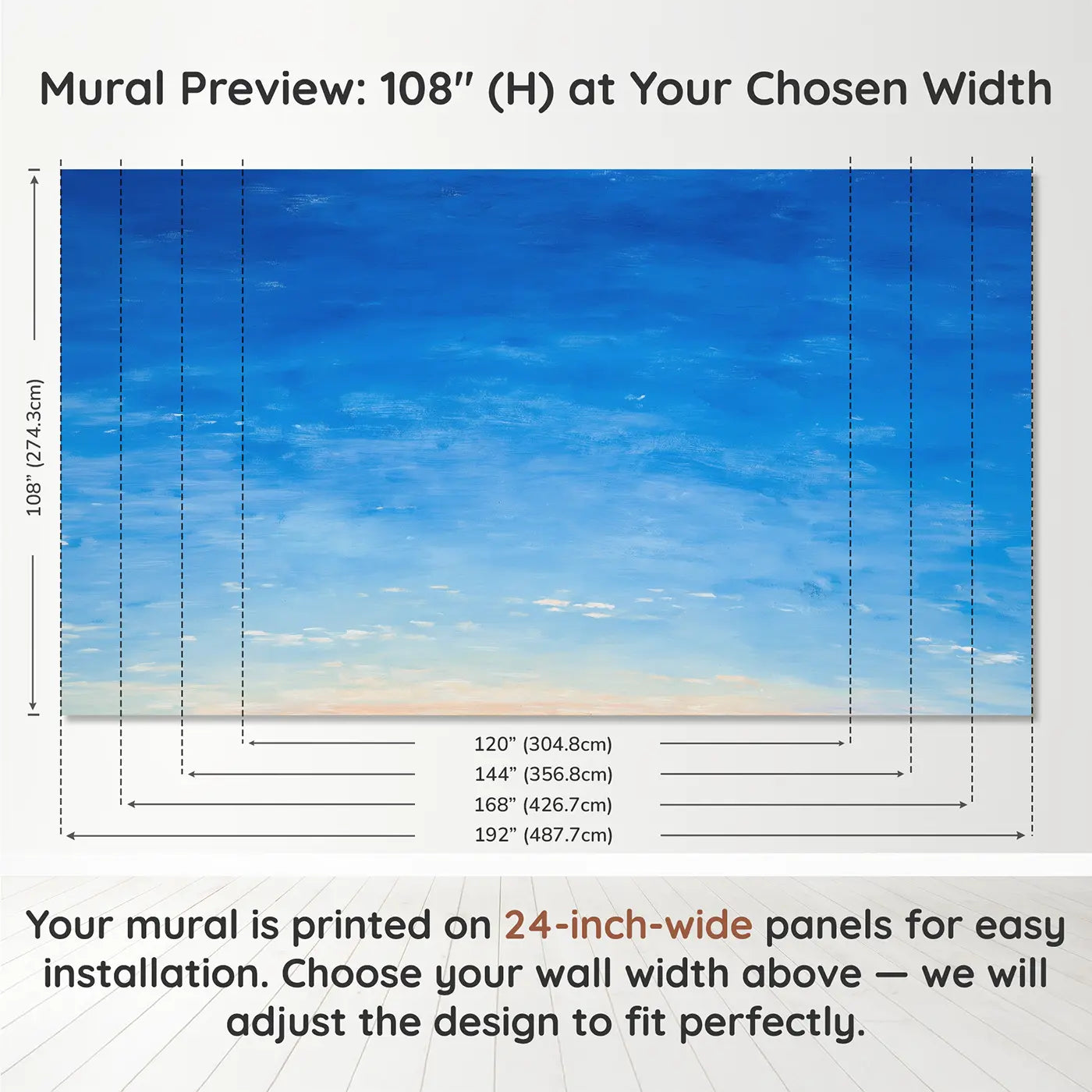 Panel layout and dimensions for Pure Sky Gradient Wallpaper Mural by Whimsy Tots